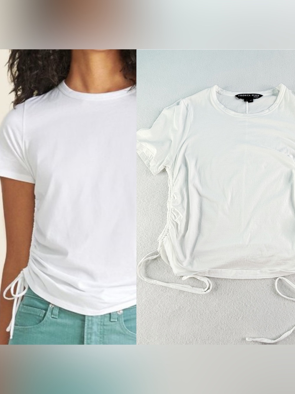 Veronica Beard Tazi Tee Women M White Pima Cotton Ruched Tie Side Casual Top